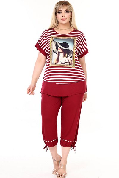 Kheos Round Neck, Lace Shoulder Back, Striped and Printed Blouse, Waist and Leg Elastic, Pocket Trousers Set