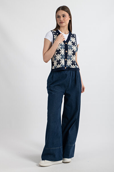 Hatun Atila Hatunatila Жіночий жилет з квітковим візерунком з акрилу, синій - 5154