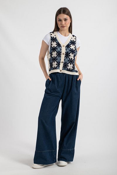 Hatun Atila Vestă acrilic pentru femei Hatunatila cu modele florale Ecru - 5154