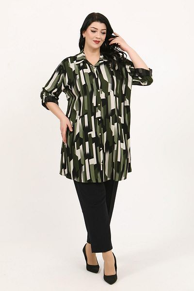 By Alba Collection Women's Khaki Patterned Cotton Viscose Large Size Tunic