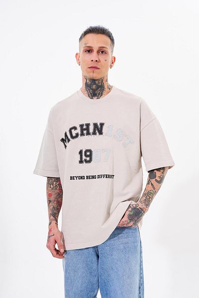 Machinist Tricou brodat oversize bej pentru bărbați - Design cu pete lavabil