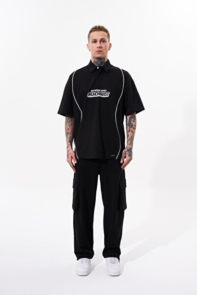 Machinist Men's Oversize Polo Neck T-Shirt - Contrast Piping, Printed, Black