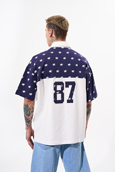 Machinist Ανδρικό κεντημένο μπλουζάκι εκρού Navy Blue Oversize Polo Neck 19