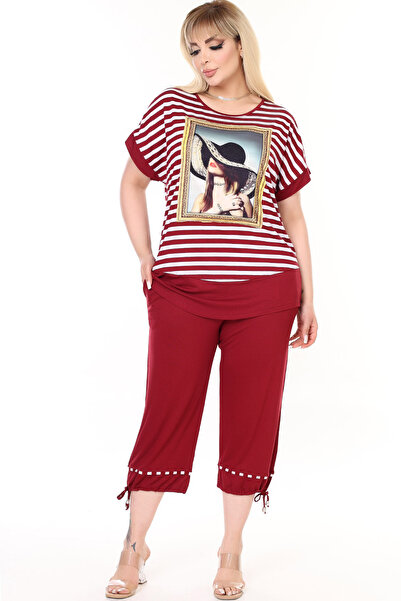 Kheos Round Neck, Lace Shoulder Back, Striped and Printed Blouse, Waist and Leg Elastic, Pocket Trousers Set