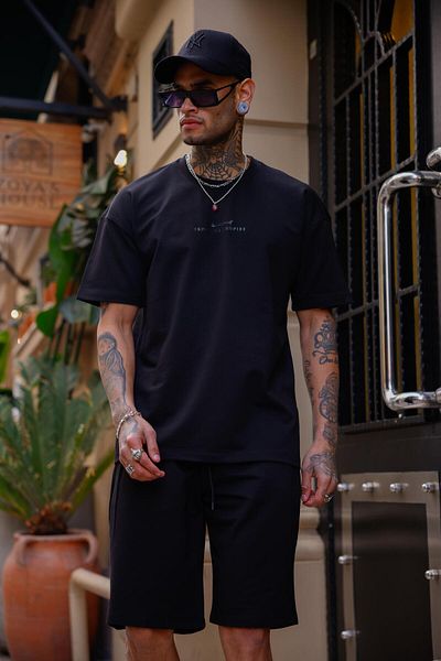 Pobudo Black Color Crew Neck Shorts T-Shirt Set