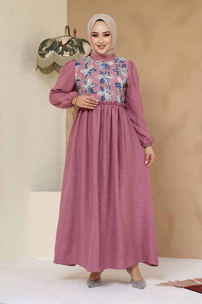 Neva Style Patterned Brown Hijab Dress 45741Gk