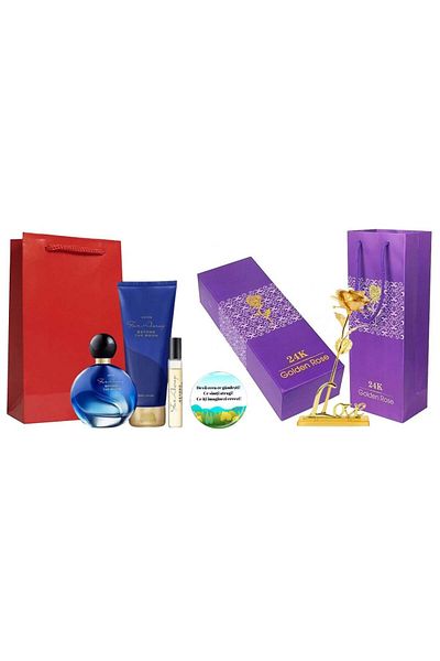 AVON Far Away the Moon women's perfume set, lotion, mini water, golden rose and Dactylion l badge