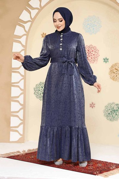 Neva Style Stone Detailed Navy Blue Hijab Jacquard Dress 23891L