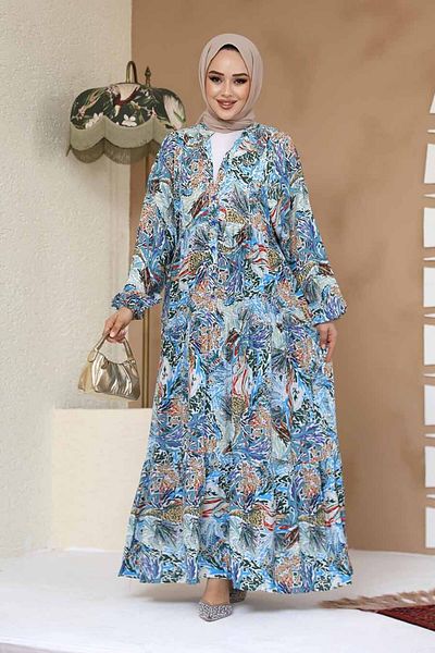Neva Style Rochie hijab albastră cu modele florale 235805 M.
