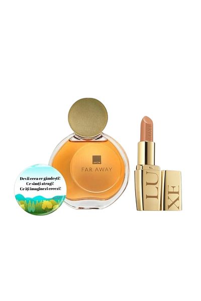 AVON Far Away Set + Luxe Nude Lipstick + Badge