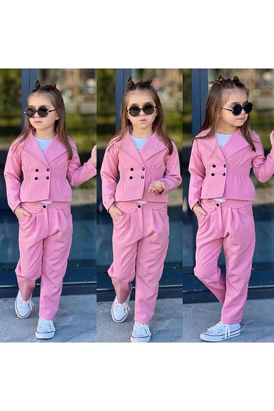 TAYFAKİDS Girl's Suit 3-Piece Combined Jacket T-Shirt