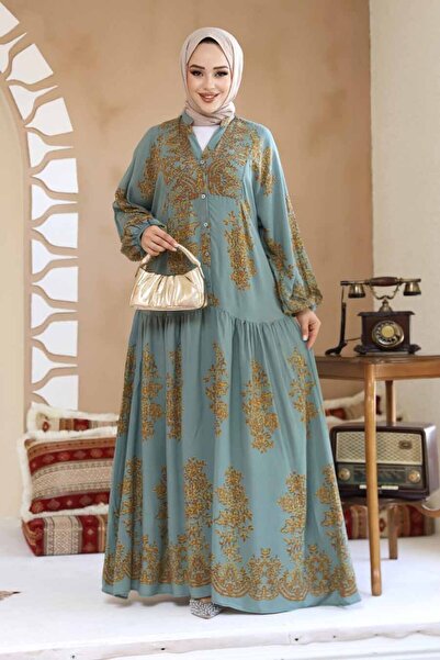 Neva Style Φόρεμα με λουλουδάτο σχέδιο Çağla Green Hijab 18241CY