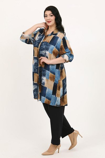 By Alba Collection Women's Navy Blue Patterned Cotton Viscose Large Size Tunic