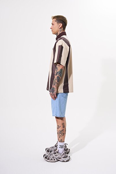 Machinist Men's Thic Stripes Polo Collar Beige Brown T-Shirt