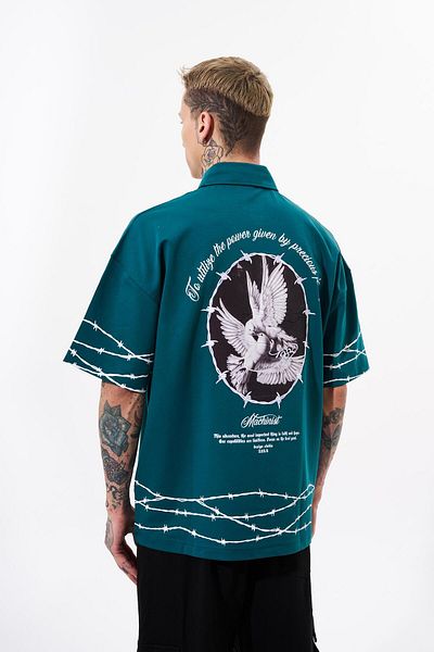 Machinist Men's Oversize Petrol T-Shirt - Barbed Wire Printed