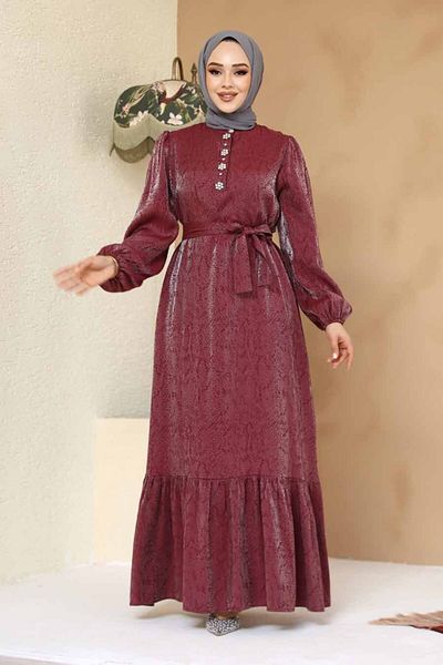 Neva Style Stone Detailed Burgundy Hijab Jacquard Dress 23891Br