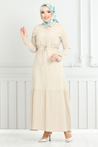 ModaMerve Lace-Up Hijab Dress 779Ase1099-M Stone