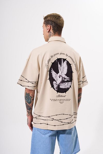 Machinist Ανδρικό μπλουζάκι Oversize σε ανοιχτό μπεζ χρώμα - Barbed Wire Printed