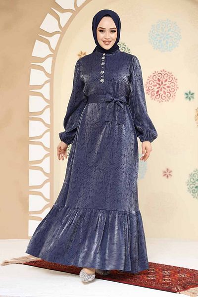 Neva Style Stone Detailed Navy Blue Hijab Jacquard Dress 23891L