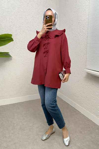 Salih Çelebi Ruffle Collar Hijab Tunic 1596 - Claret Red