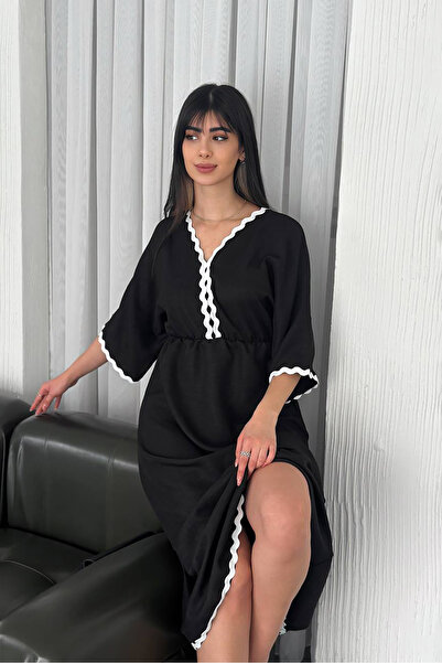 Neşeli Butik γυναικείο λινό φόρεμα με λαιμόκοψη V με μήκος midi NBK4155