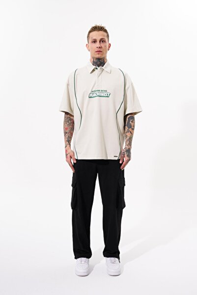 Machinist Ανδρικό μπλουζάκι Oversize Grey Polo Neck - Contrast Piping Printed