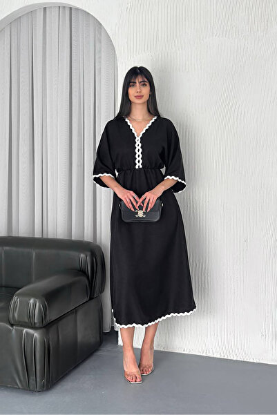 Neşeli Butik γυναικείο λινό φόρεμα με λαιμόκοψη V με μήκος midi NBK4155