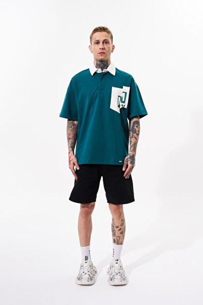 Machinist Men's Oversize Polo Collar T-Shirt - Petrol Green, Contrast Pocket