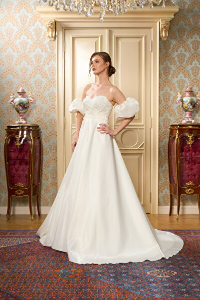 Lenta Wedding Beyaz Işık Saten Sıvama Dantel Detaylı Drapeli Maxi Boy Helen Gelinlik