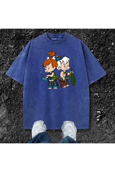 Touz Moda Tricou vintage oversize cu imprimeu Pebble Bambam lavabil