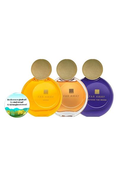 AVON Set for women, 3 Far Away perfumes and Dactylion badge with motivational message