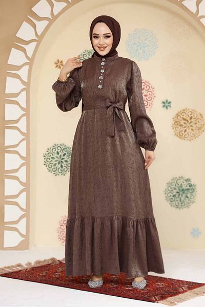 Neva Style Stone Detailed Brown Hijab Jacquard Dress 23891Kh