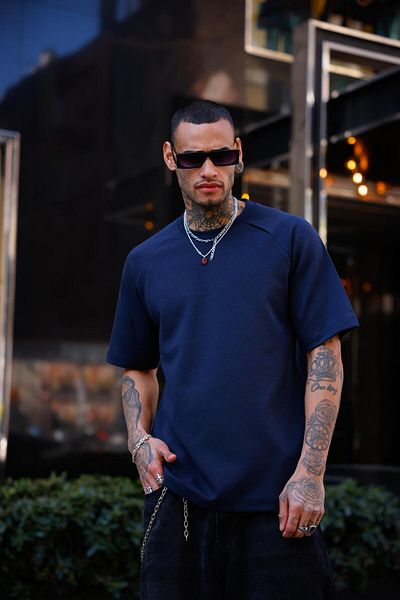 Pobudo Navy Blue Color Half Sleeve Oversize T-Shirt