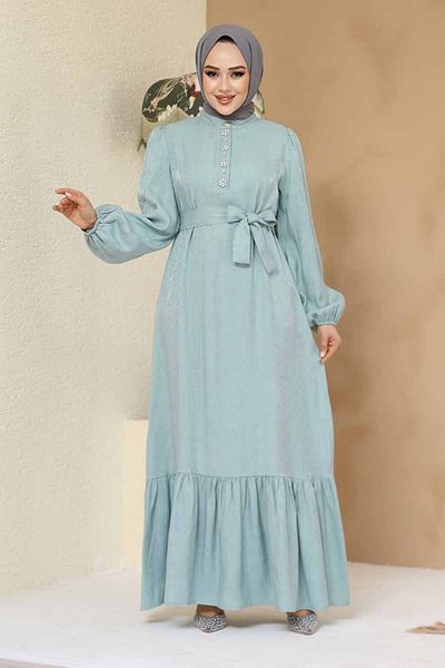 Neva Style Stone Detailed Mint Hijab Jacquard Dress 23891Mint