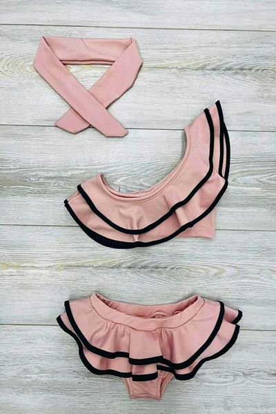 DeKuBaby Girls' Bikini Set with Bandana Flounces One Shoulder Ruffles Cutout Low-Cut Model