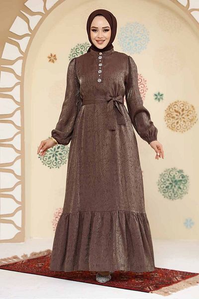 Neva Style Stone Detailed Brown Hijab Jacquard Dress 23891Kh