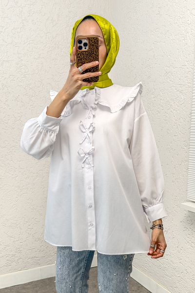 Salih Çelebi Hijab Tunic with Ruffle Collar 1596 - White