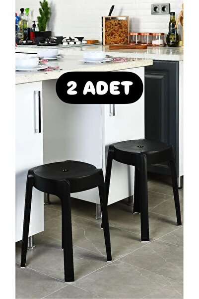 Bayev 2 Adet Siyah Kaymaz Ayaklı Dekoratif Iç Içe Geçebilen Plastik Tabure Mutfak Bahçe Taburesi