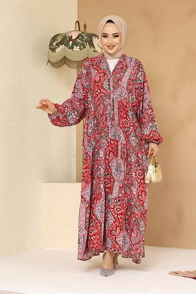 Neva Style Floral Patterned Cherry Hijab Dress 23454Vsn