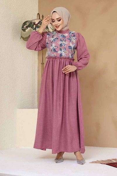 Neva Style Patterned Brown Hijab Dress 45741Gk