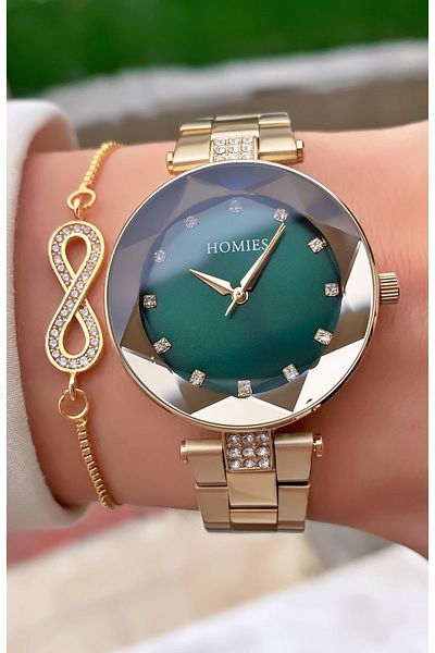 Homies Brand Gold Color Waterproof Women's Wristwatch - With Bracelet Gift