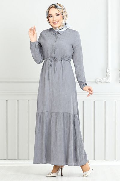 ModaMerve Γκρι Φόρεμα Hijab με κορδόνια στη μέση 779ASE1099-M