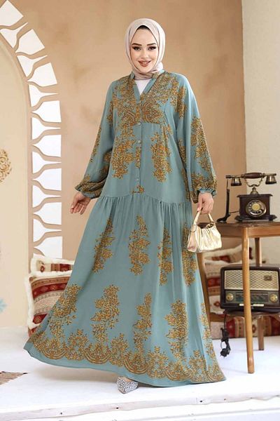 Neva Style Φόρεμα με λουλουδάτο σχέδιο Çağla Green Hijab 18241CY