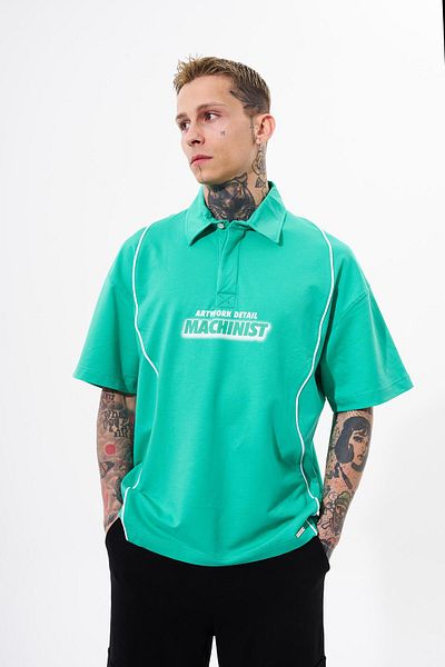 Machinist Light Green Oversize Polo Neck Men's T-Shirt - Contrast Piping Printed