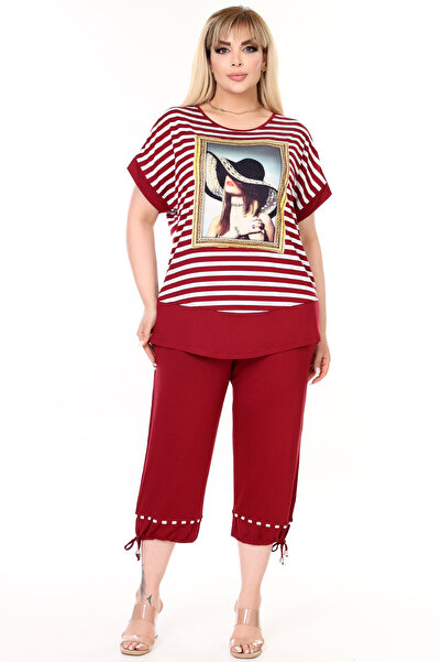 Kheos Round Neck, Lace Shoulder Back, Striped and Printed Blouse, Waist and Leg Elastic, Pocket Trousers Set