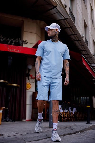 Pobudo Light Blue Color Crew Neck Shorts T-Shirt Set