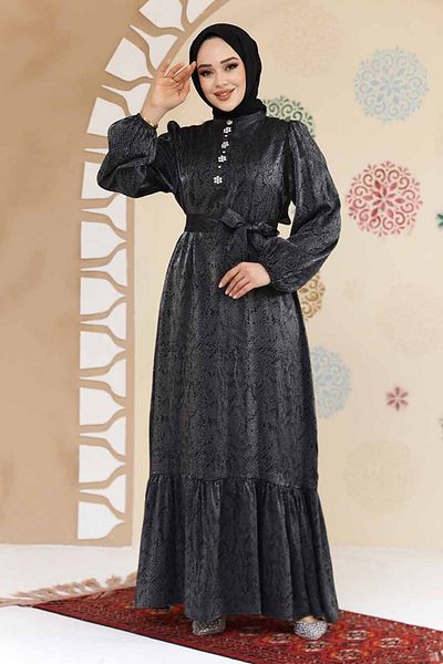 Neva Style Stone Detailed Black Hijab Jacquard Dress 23891S