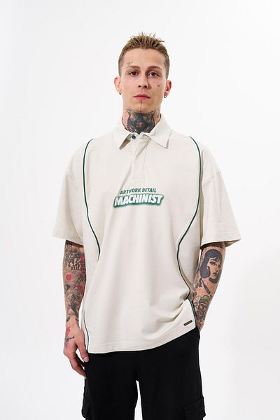 Machinist Oversize Gray Polo Neck Men's T-Shirt - Contrast Piping Printed