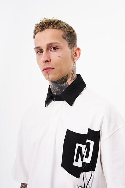 Machinist Ecru Polo Neck Oversize Men's T-Shirt - Contrast Pocket
