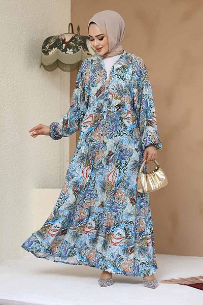Neva Style Rochie hijab albastră cu modele florale 235805 M.